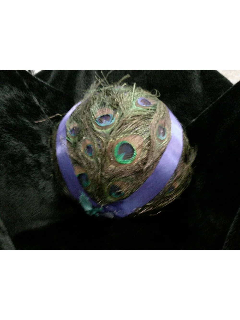 Vintage Peacock Feather Ball with Blue Satin Band
